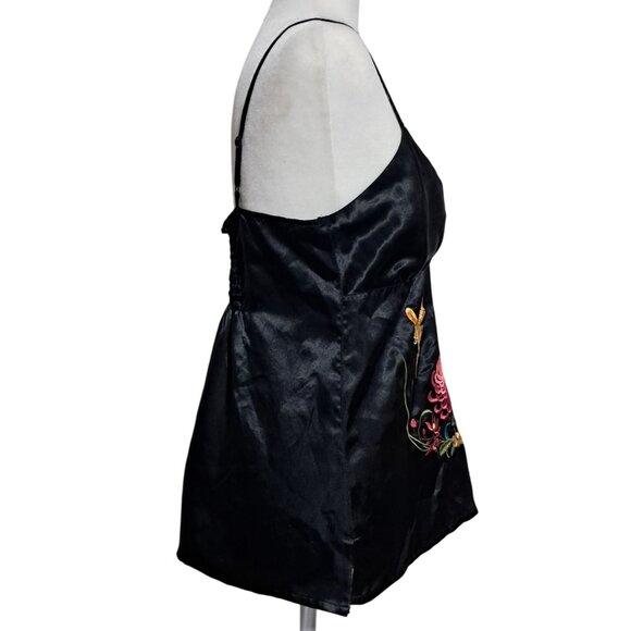 Y2K Divided Black Satin Embroidered Camisole Top With Floral & Bird Design Adjus - Picture 10 of 12